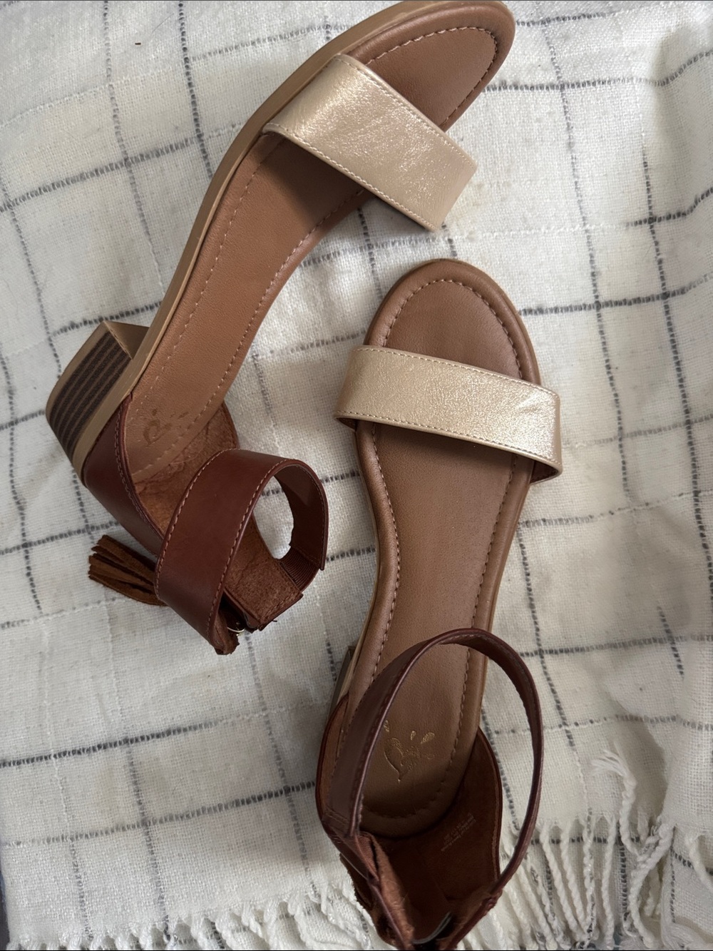 Justice Two-Tone Block Heel Sandals in Brown and Metallic Cream